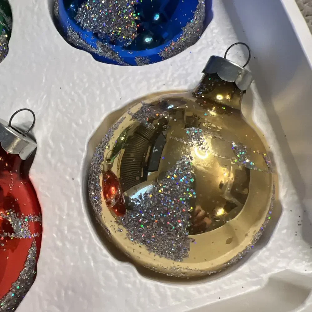 Vintage Pyramid Set of 4 Glass Ball Glitter Trees Ornaments Red Green Blue Gold